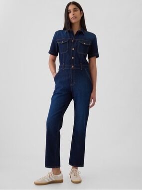 Gap Denim Utility Jumpsuit Dark Wash Short Sleeve Button Front Straight Leg One